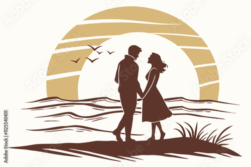 Romantic beach scene, A couple standing on a beach, with waves and a setting sun behind them vector silhouette on a white background