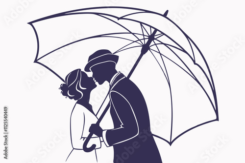 romantic couple kissing under an umbrella vector silhouette on a white background