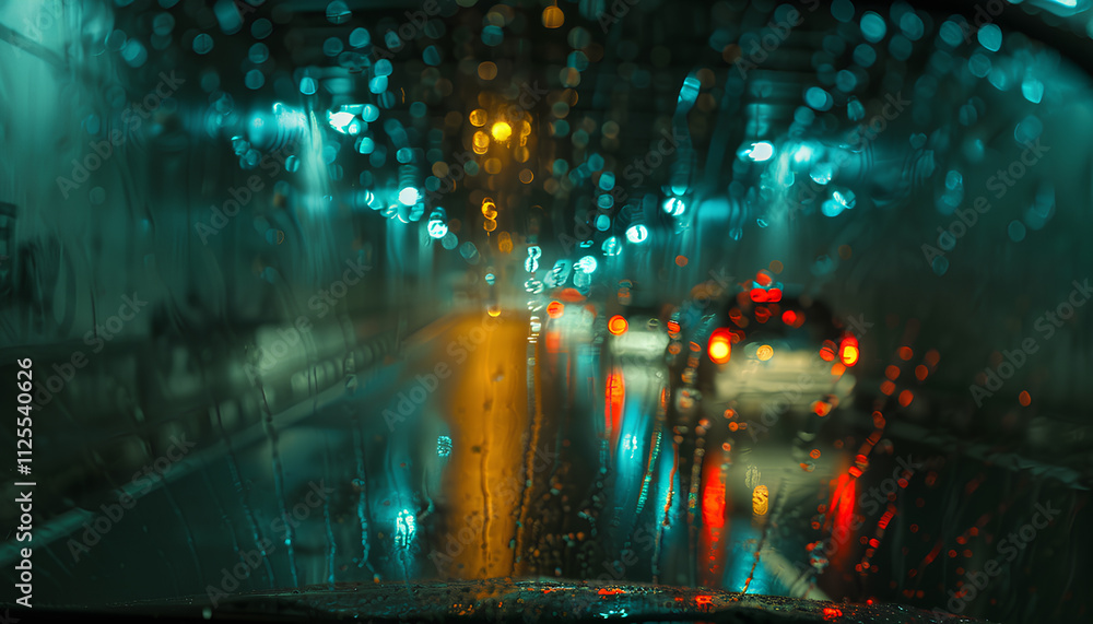 Obraz premium Blurred view of road through wet car window. Rainy weather