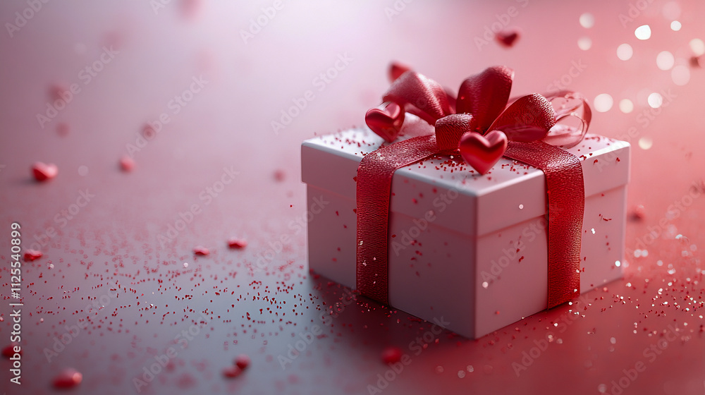 Romantic gift box with red ribbon and heart accents on sparkling surface Romantic gift box with red ribbon and heart accents on sparkling surface