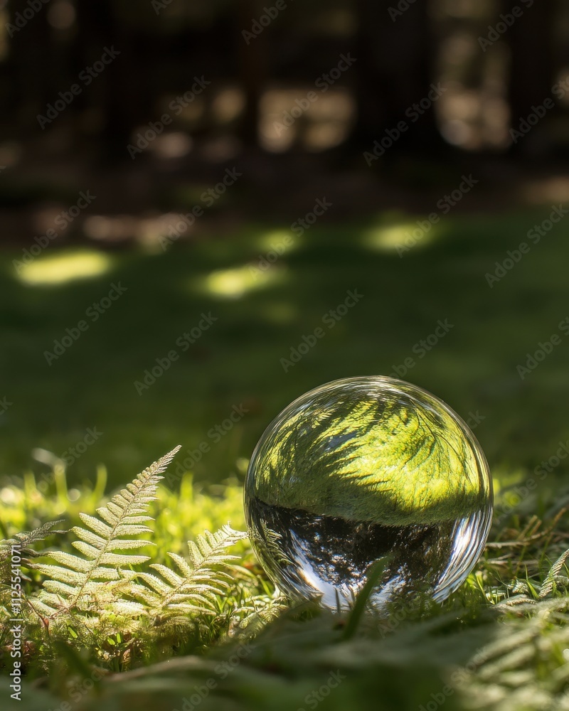 Crystal clear sphere capturing reflections of nature among vibrant green ferns in a tranquil forest setting illuminated by soft sunlight