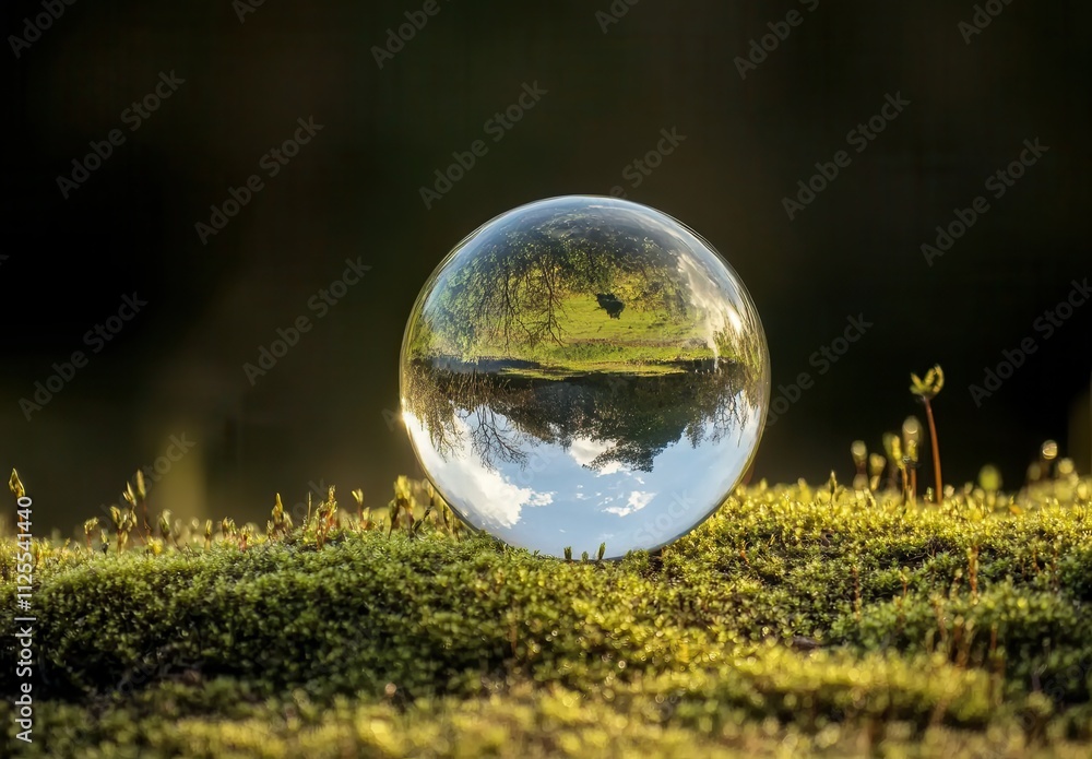 Crystal Clear Sphere Reflecting Nature's Beauty with Lush Green Moss and Vibrant Natural Scenery, Capturing Serenity and Tranquility in a Stunning Close-Up View Crystal Clear Sphere Reflecting Nature's Beauty with Lush Green Moss and Vibrant Natural Scenery, Capturing Serenity and Tranquility in a Stunning Close-Up View