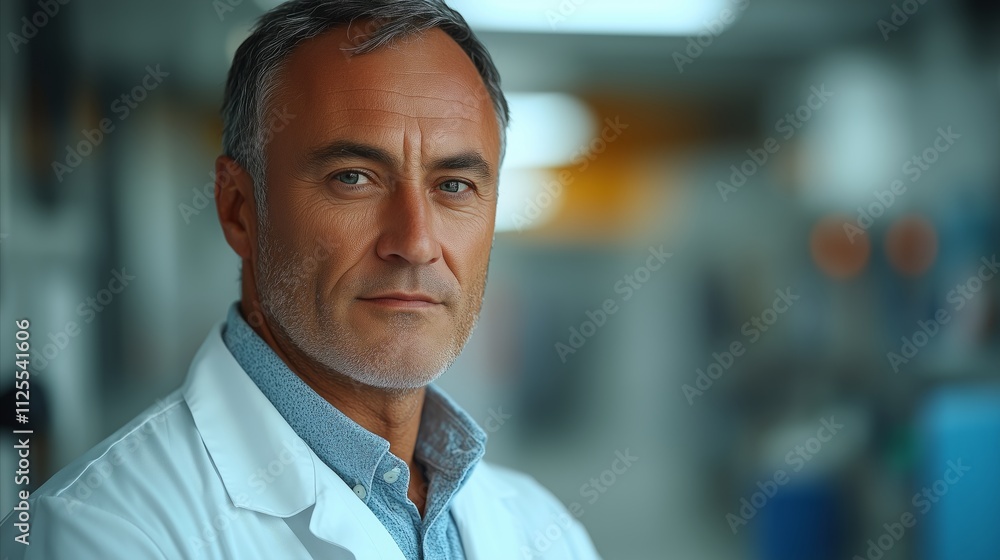 Man with a beard and glasses is wearing a white lab coat Man with a beard and glasses is wearing a white lab coat