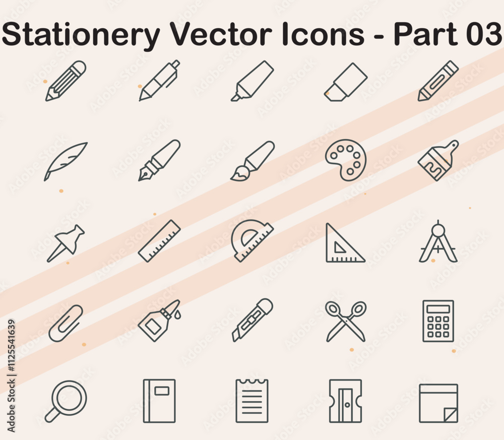 Vector icons representing various stationery items including rulers staplers and scissors ideal for office and educational projects. Vector icons representing various stationery items including rulers staplers and scissors ideal for office and educational projects.