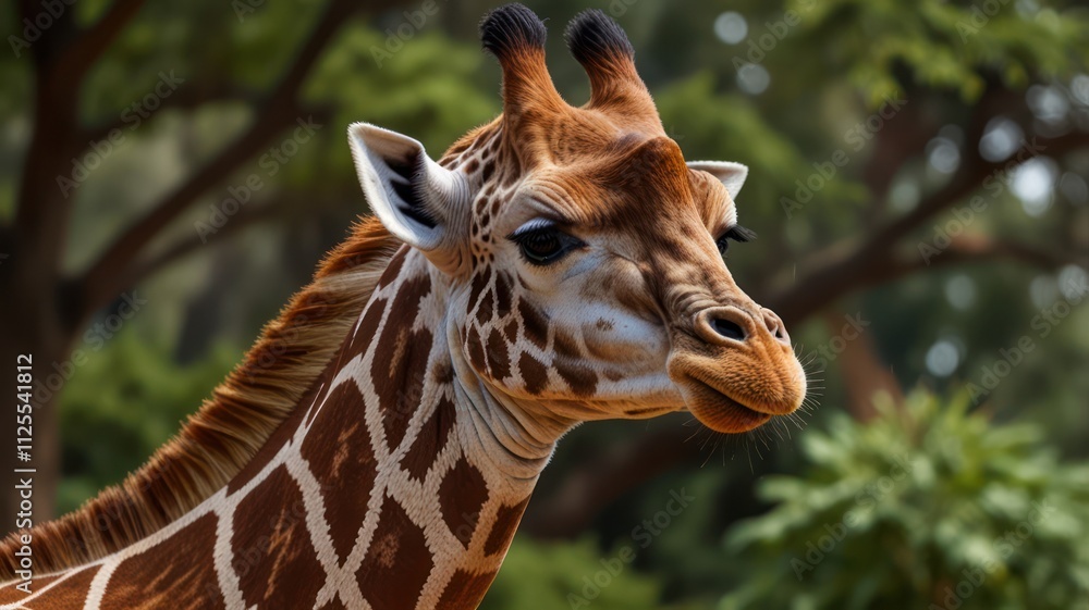 Close-up portrait of a giraffe's head and neck.  The giraffe's distinctive spots and soft features are prominent.  Natural bokeh background of foliage.