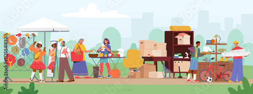 People sellers and customers enjoying garage sale at flea market, second hand weekend store