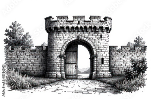 historical place, legendary middle ages architecture. vintage engraving illustration of medieval castle gate with wooden doors and stone walls. photo