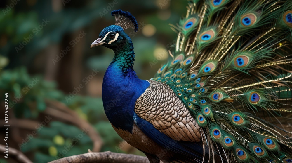 Fototapeta premium Peacock with vibrant plumage displaying its colorful tail feathers.