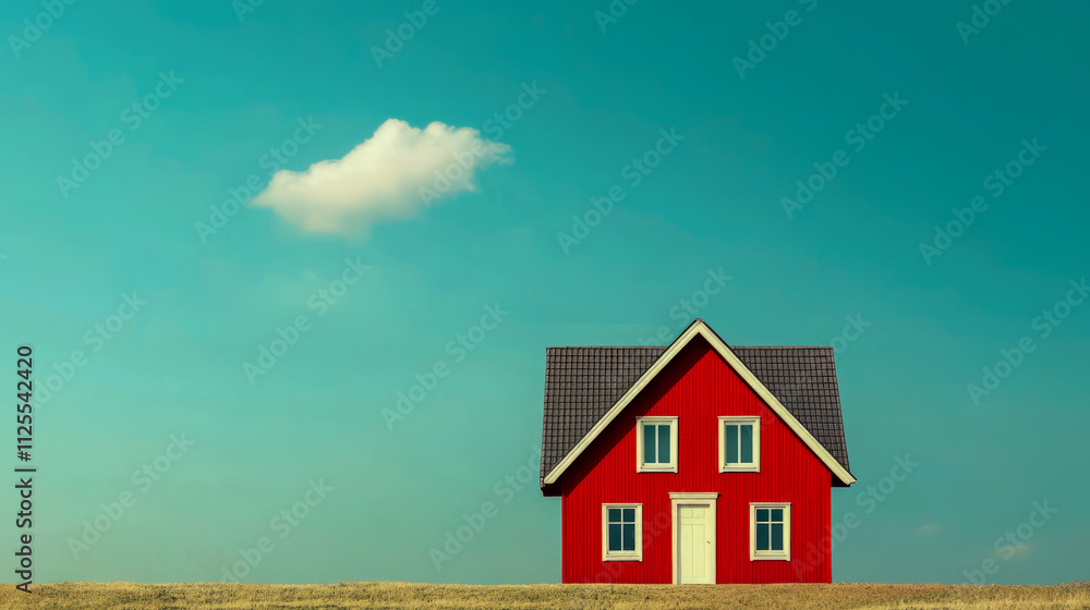 Red house in serene landscape with blue sky and single cloud Red house in serene landscape with blue sky and single cloud