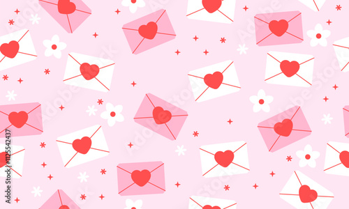 Seamless pattern with Romantic love letter for Valentine's day. Envelope, heart, flower. 8 March, Mother's day, Valentine's Day background