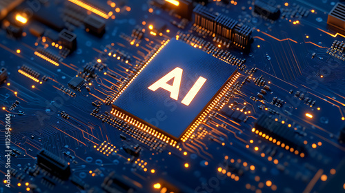 AI computer chip, powerful computer processor microchip with the word representing artificial intelligence, AI technology	