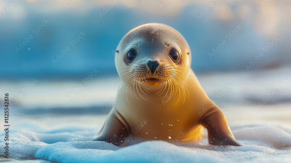 Fototapeta premium Adorable seal pup on ocean shoreline during sunset