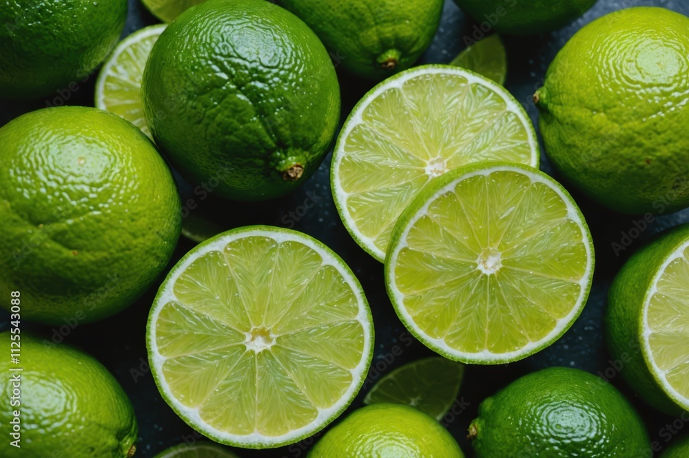 Natural fresh lime and lime cut in half. Fresh ripe green limes as background.Top view Natural fresh lime and lime cut in half. Fresh ripe green limes as background.Top view