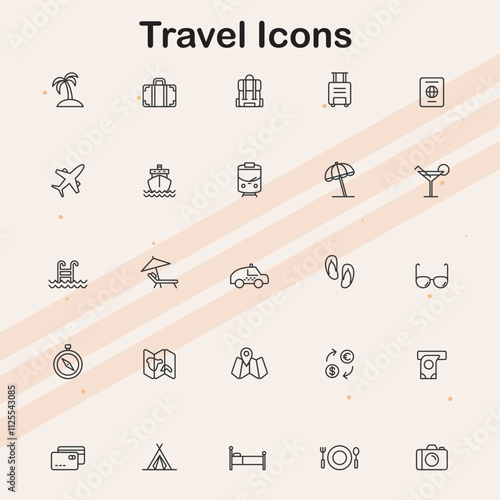 Icons related to travel elements such as planes  luggage  and passports  ideal for tourism  travel agencies  and transportation projects.