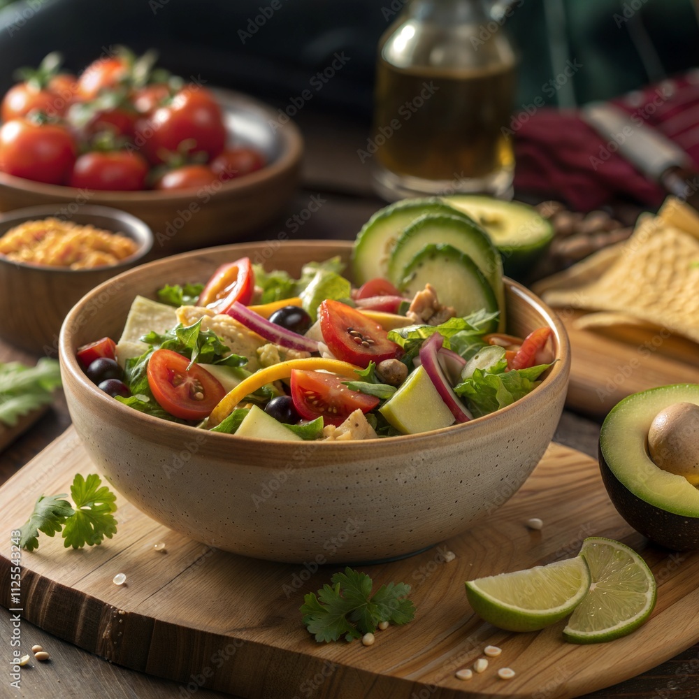 Fresh vegetarian salad with avocado, tomato, and lime on wooden table Fresh vegetarian salad with avocado, tomato, and lime on wooden table
