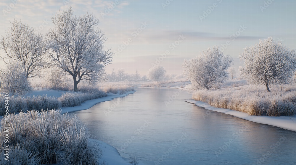 Frosty river winding through snowy fields and trees. winter rural scenery Frosty river winding through snowy fields and trees. winter rural scenery