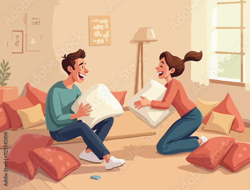 Illustration of two people having a fun pillow fight in a cozy room