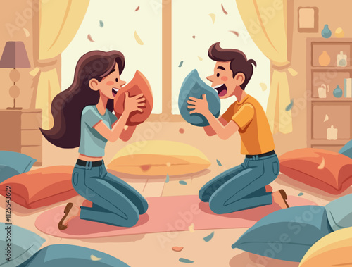 Illustration of two people having a fun pillow fight in a cozy room