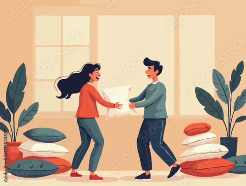 Illustration of two people having a fun pillow fight in a cozy room