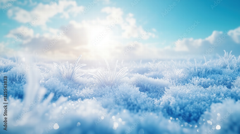 Close-up of frozen grass in sunny snowy field. Winter morning Close-up of frozen grass in sunny snowy field. Winter morning