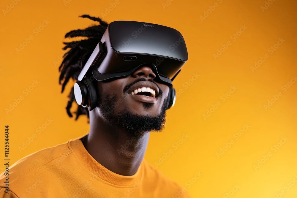 Young man enjoying virtual reality experience with headset and headphones against bright yellow background Young man enjoying virtual reality experience with headset and headphones against bright yellow background