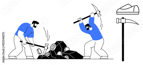 Two men breaking large rocks with hammer and pickaxe, safety shoes and tools displayed separately. Ideal for manual labor, mining industry, teamwork, safety gear, heavy machinery use, physical