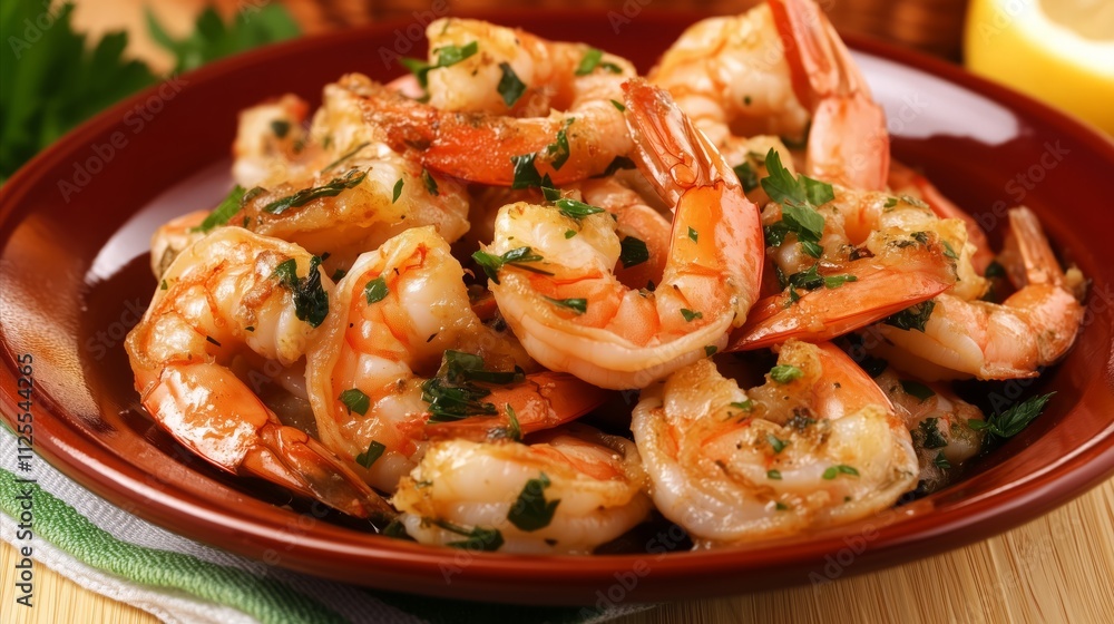 Plate of shrimp with parsley and lemon Plate of shrimp with parsley and lemon