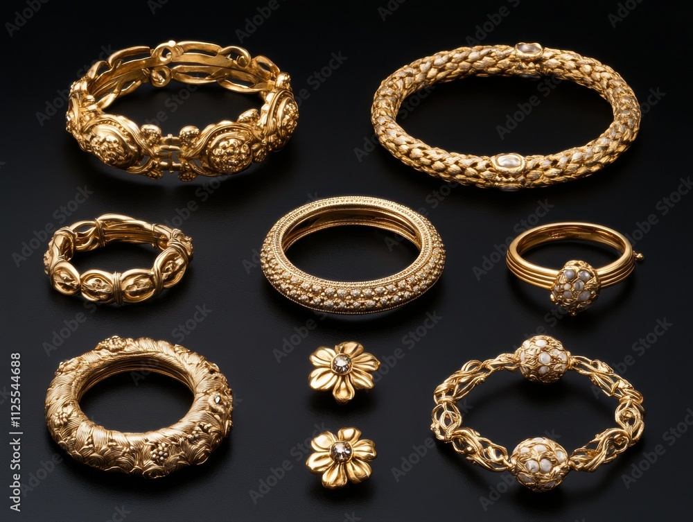 Elegant and Luxurious Assortment of Gold Bracelets and Rings Showcasing Intricate Designs and Craftsmanship on a Dark Background for Jewelry Collection Elegant and Luxurious Assortment of Gold Bracelets and Rings Showcasing Intricate Designs and Craftsmanship on a Dark Background for Jewelry Collection