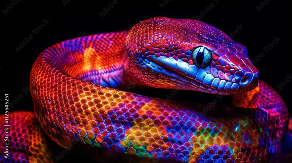 Fototapeta premium Vibrant, colorful snake coiled on black background.