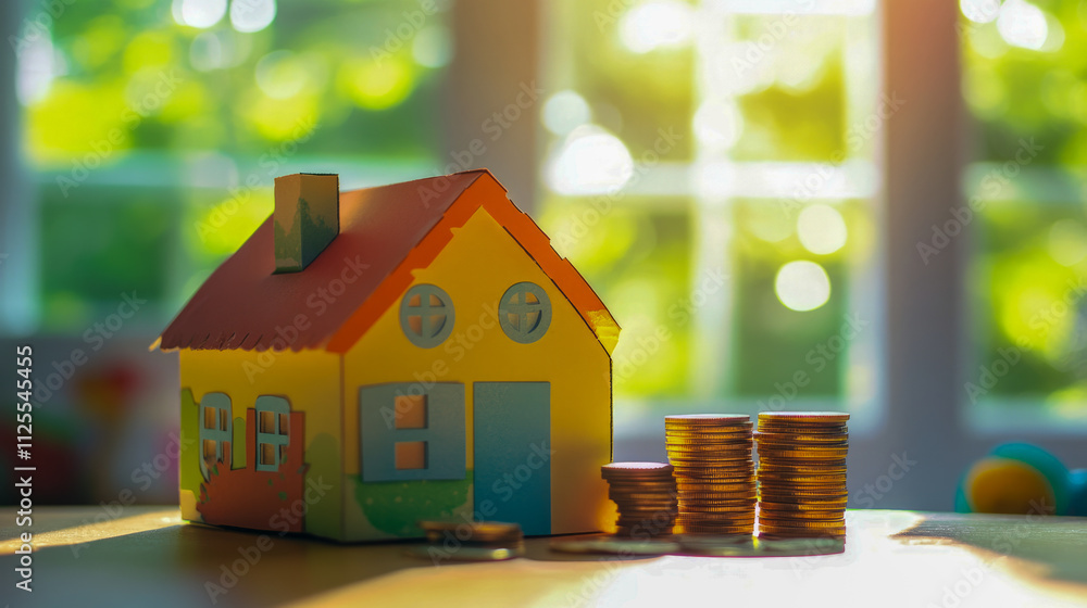 Saving for home ownership: sunlit house model and coins Saving for home ownership: sunlit house model and coins