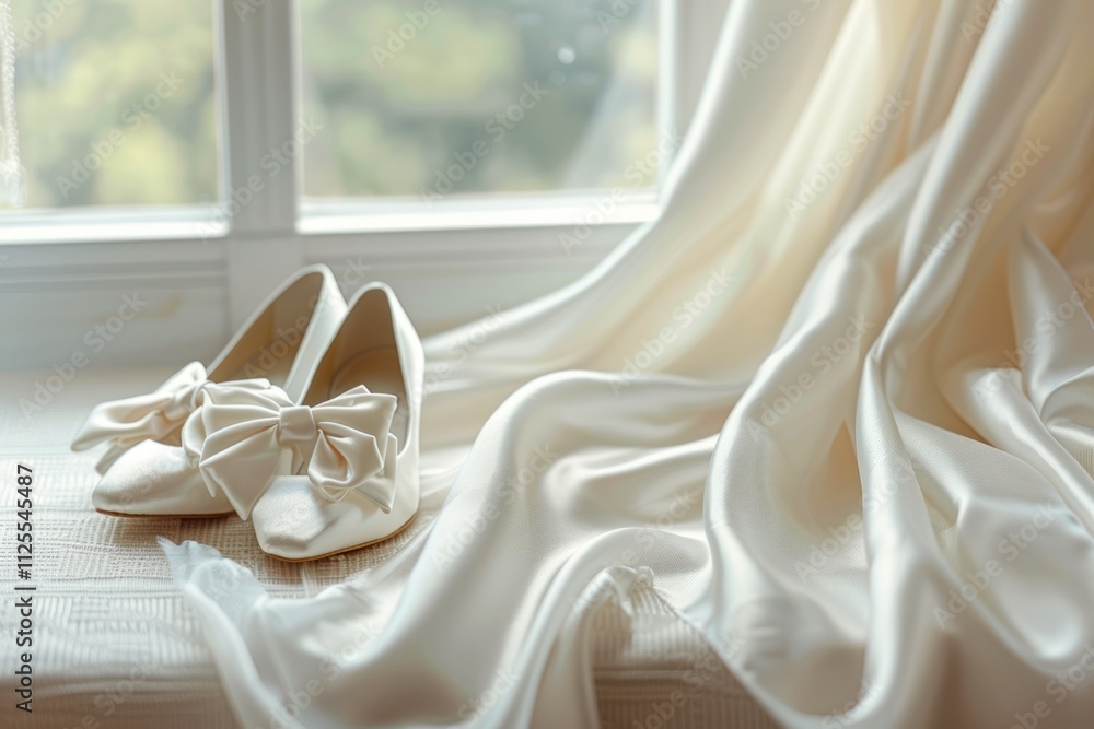 A pair of white wedding shoes with bows, resting on the edge of an elegant table covered in flowing fabric A pair of white wedding shoes with bows, resting on the edge of an elegant table covered in flowing fabric