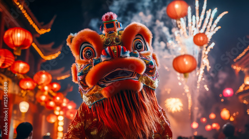 Vibrant chinese new year celebration with lion dance and fireworks at night photo