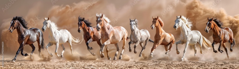 A panoramic view of an entire herd or race of horses running in the desert A panoramic view of an entire herd or race of horses running in the desert