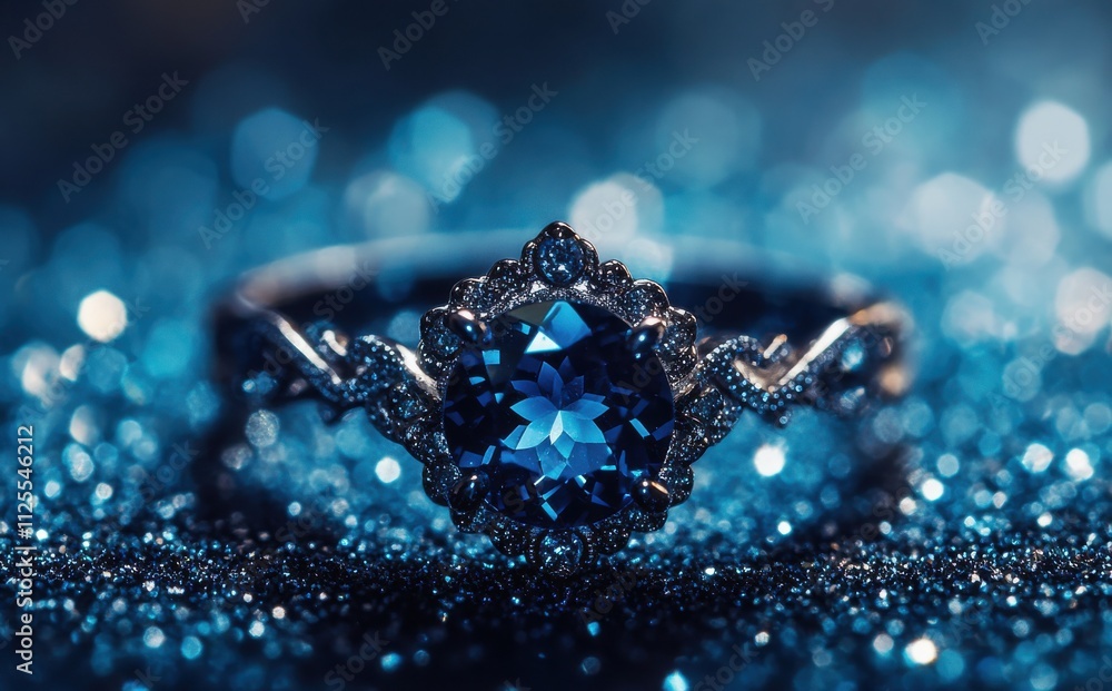 Elegant Blue Sapphire Ring with Intricate Silver Design Sparkling on a Glimmering Blue Background, Perfect for Jewelry Lovers and Luxury Collections Elegant Blue Sapphire Ring with Intricate Silver Design Sparkling on a Glimmering Blue Background, Perfect for Jewelry Lovers and Luxury Collections