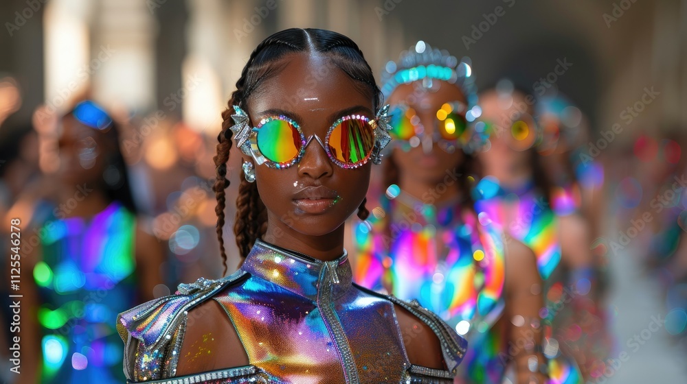 Obraz premium Fashion models in iridescent clothing and sunglasses.