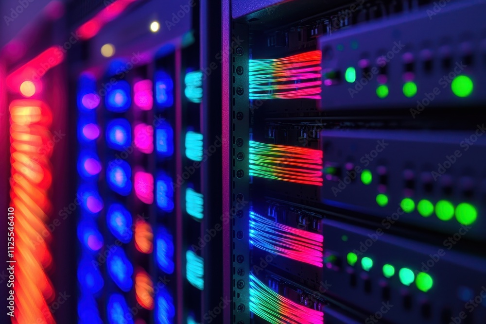 Fototapeta premium A close-up view of colorful LED-lit servers, showcasing vibrant lights and cables in a modern data center environment.