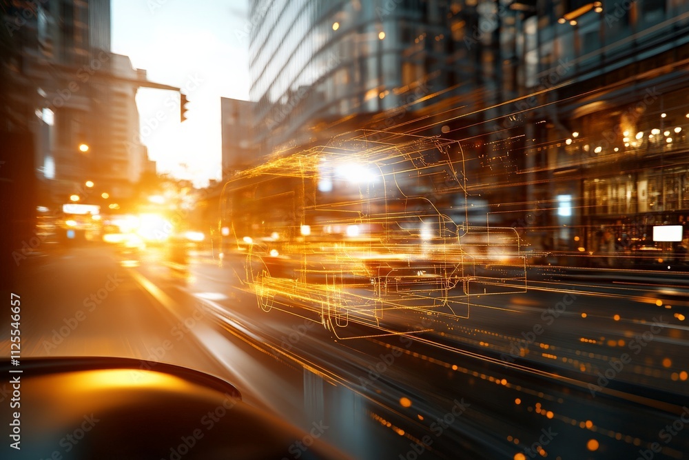 Dynamic city street at sunset with moving vehicles and vibrant light trails captured from the driver's perspective Dynamic city street at sunset with moving vehicles and vibrant light trails captured from the driver's perspective