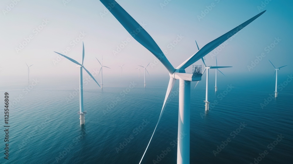 A panoramic view of an offshore wind farm with several white monopiles showcasing the vast expanse and tall structures A panoramic view of an offshore wind farm with several white monopiles showcasing the vast expanse and tall structures