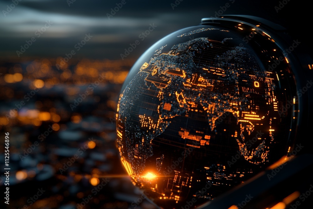 Glowing digital depiction of Earth captured from a high vantage point during twilight Glowing digital depiction of Earth captured from a high vantage point during twilight