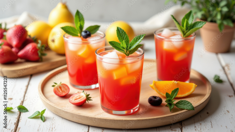 A tray with three fruity cocktails on a rustic wooden surface. A tray with three fruity cocktails on a rustic wooden surface.