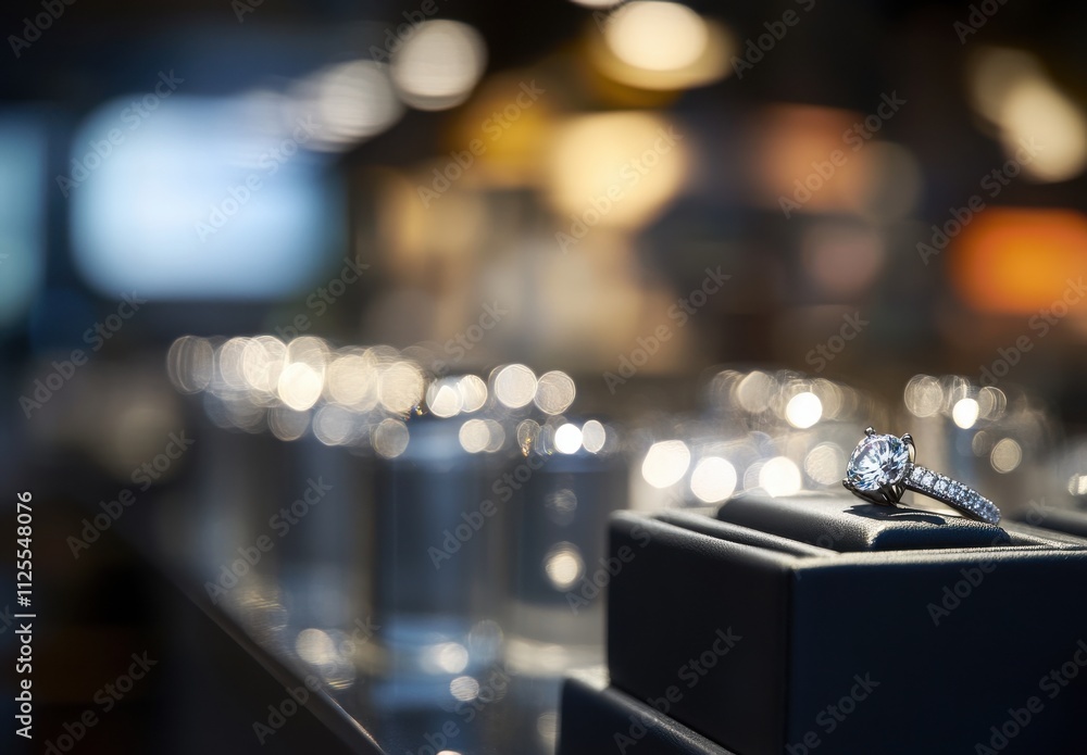 Elegant diamond ring displayed in a jewelry store with blurred background showcasing polished glassware and soft lighting, highlighting luxury and sophistication Elegant diamond ring displayed in a jewelry store with blurred background showcasing polished glassware and soft lighting, highlighting luxury and sophistication