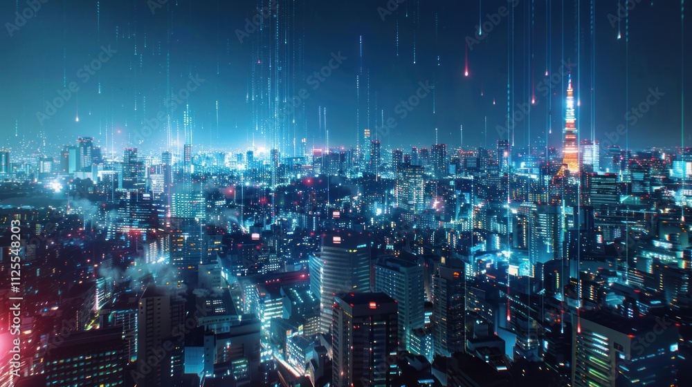 A panoramic view of the city skyline at night, with digital data streams connecting buildings and skyscrapers A panoramic view of the city skyline at night, with digital data streams connecting buildings and skyscrapers