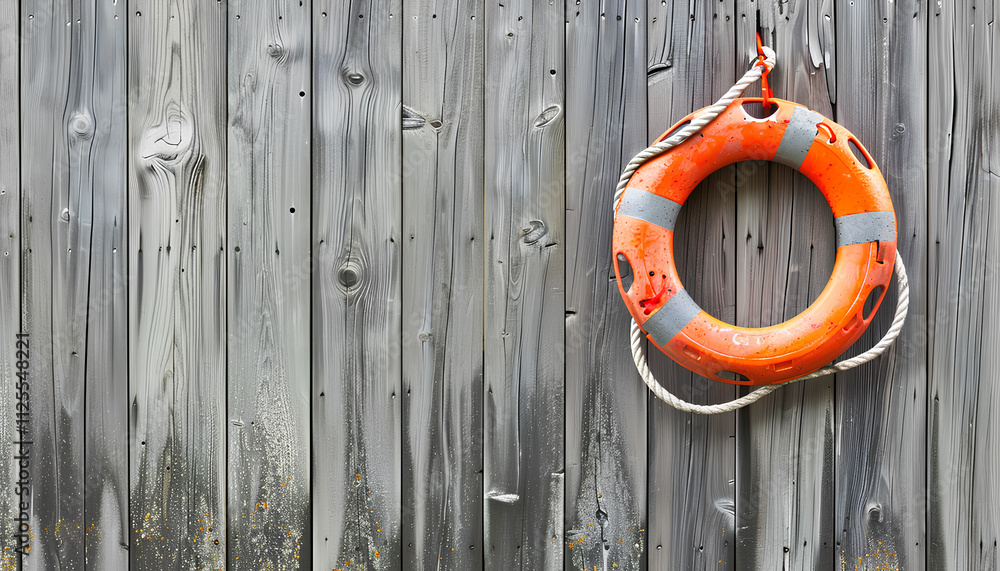 Orange lifebuoy hanging on grey wooden fence, space for text. Rescue equipment Orange lifebuoy hanging on grey wooden fence, space for text. Rescue equipment