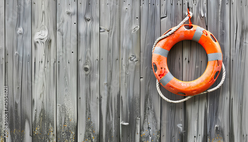 Orange lifebuoy hanging on grey wooden fence, space for text. Rescue equipment