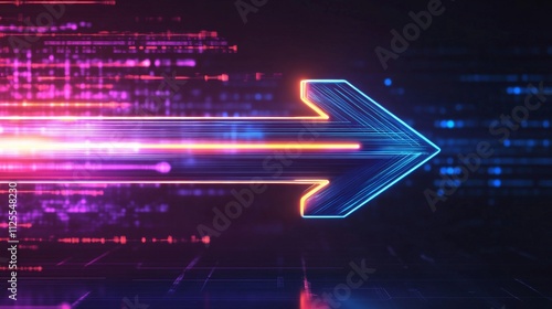 Bright neon arrow flying through digital data stream