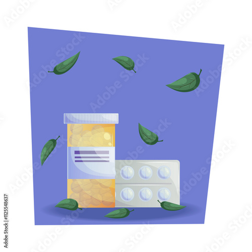 A jar of pills, a blister with pills and falling leaves on a blue background. Vector cartoon illustration of medicine and medical preparations