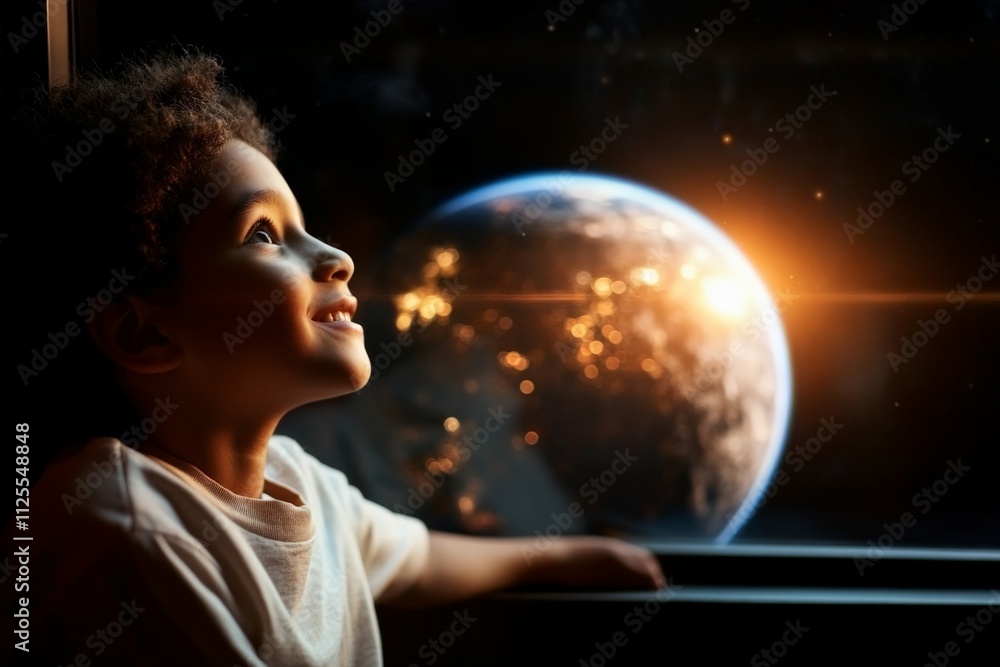 Naklejka premium Young child gazing at Earth from a spaceship window during a journey in space while the sun rises