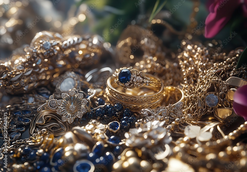 Elegant Display of Exquisite Gold Jewelry with Sparkling Gemstones and Decorative Designs Amidst a Rich Backdrop of Luxury and Glamour Elegant Display of Exquisite Gold Jewelry with Sparkling Gemstones and Decorative Designs Amidst a Rich Backdrop of Luxury and Glamour