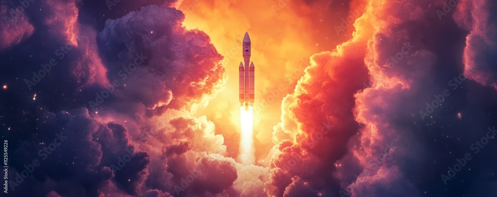Fototapeta premium Abstract perspective of rocket entering the atmosphere, intense colors, smoke, and clouds blending