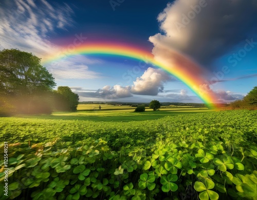 lush green field filled with clovers, vibrant rainbow arching across the sky and a pot of gold subtly placed at the end of the rainbow. St. Patrick’s Day photo